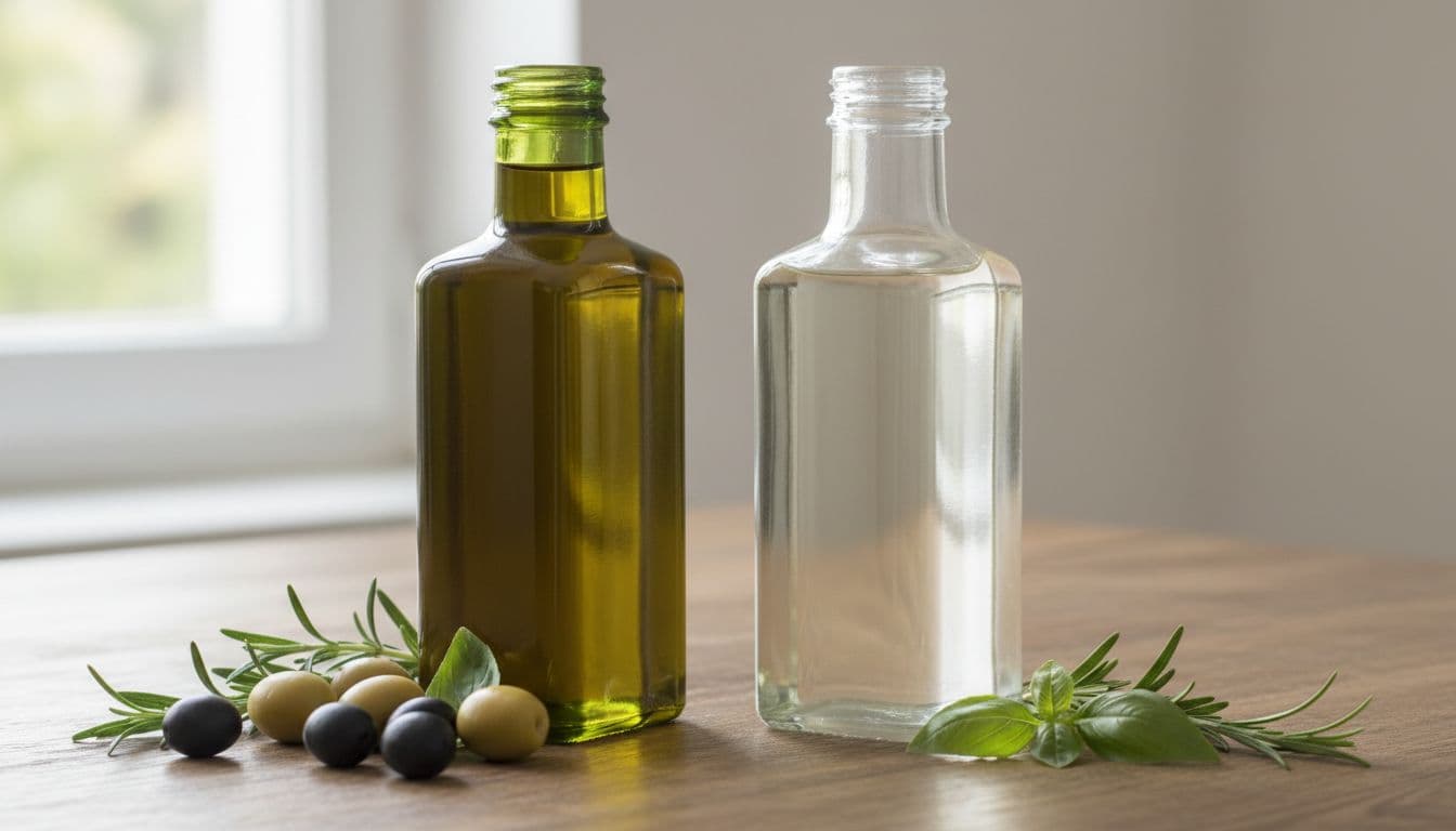 Two olive oil bottles side by side on a wooden table: dark green glass extra virgin with golden-green oil on the left, surrounded by fresh olives and herbs; clear refined oil on the right. Realistic close-up photo in natural daylight with high detail on oil colors.