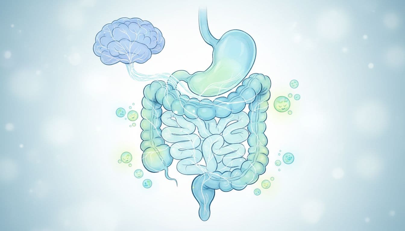 Simple artistic illustration of the human digestive system connected to the brain via neural pathways, featuring beneficial bacteria icons around the gut in soft blue and green tones.