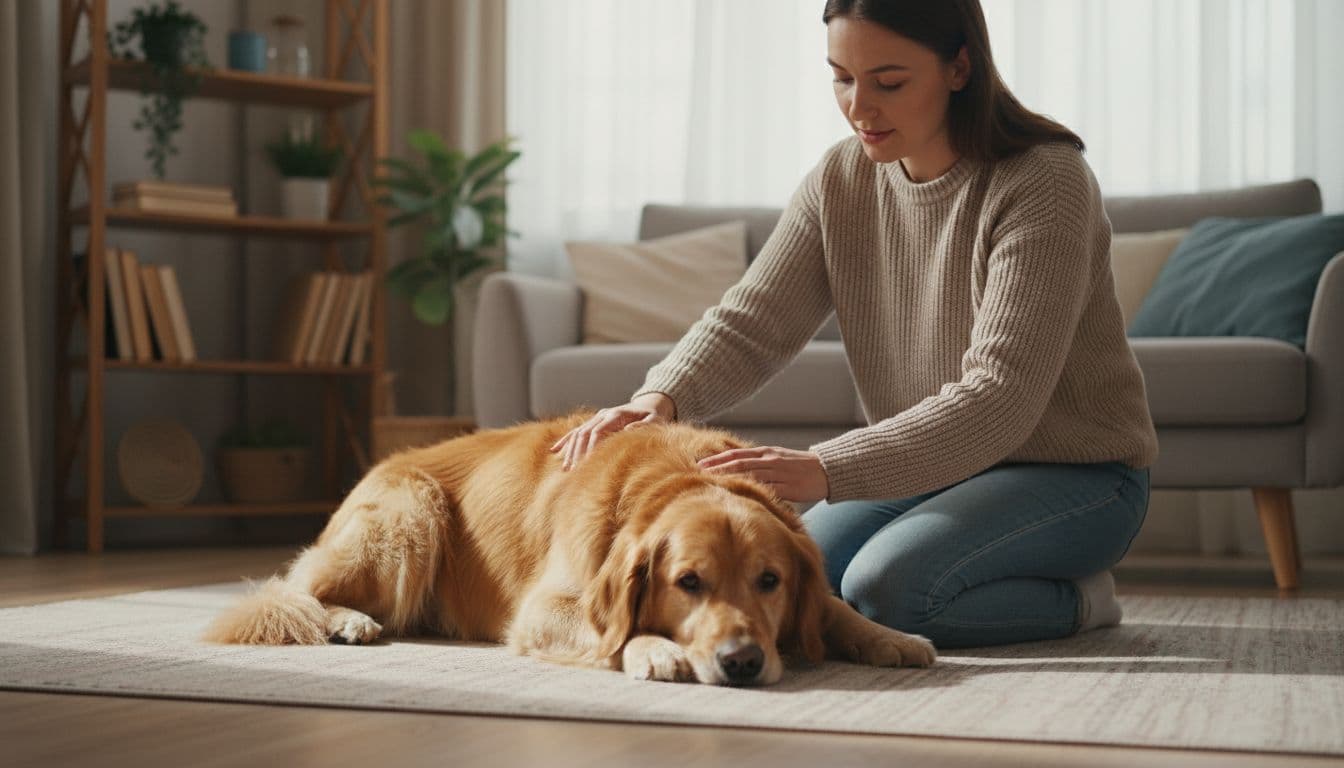 A person kneels in a cozy home interior, gently examining a dog's fur for ticks after a walk, with warm natural light and realistic photo style.
