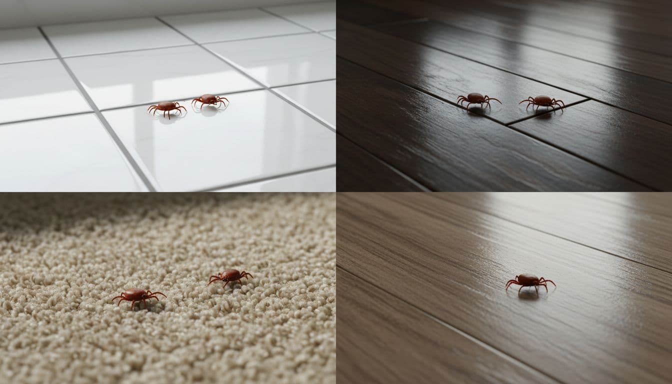 Close-up top-down view of two realistic ticks on different household floors: tile, wood, carpet, and vinyl, with natural indoor lighting and photographic realism.