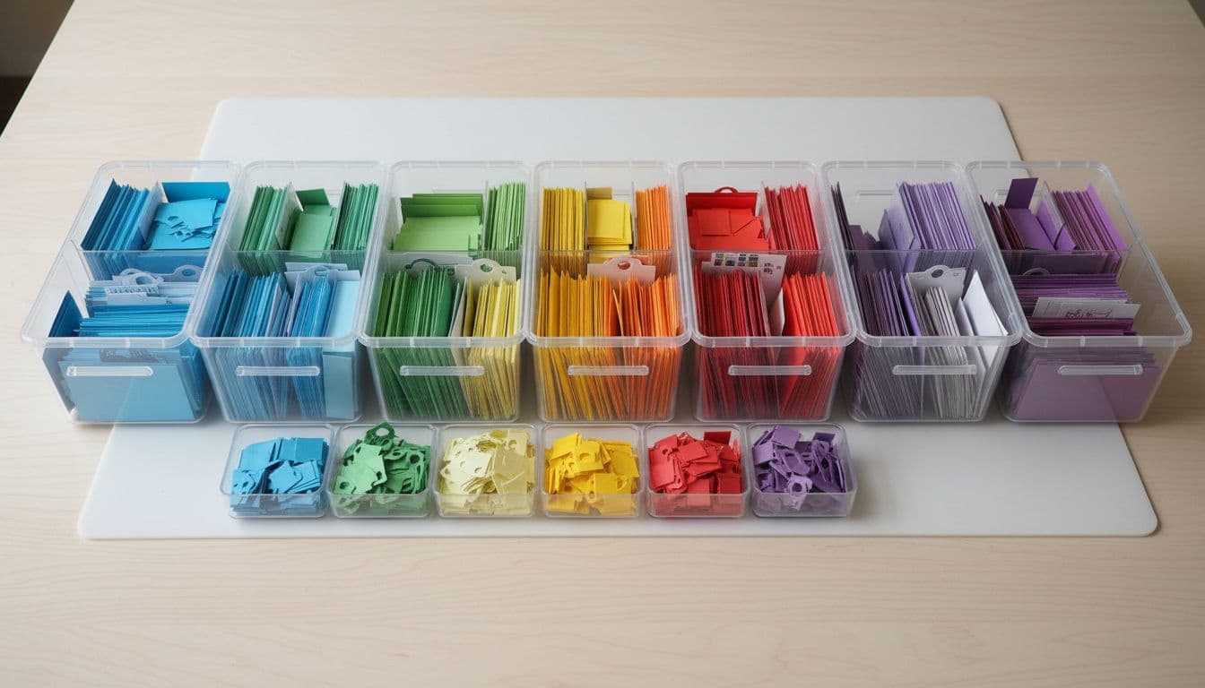 Neatly sorted scrapbooking scraps by color and size in transparent plastic bins on a crafting table, with strips, rectangles, and tags visible under bright even lighting for a clean, realistic photo composition.