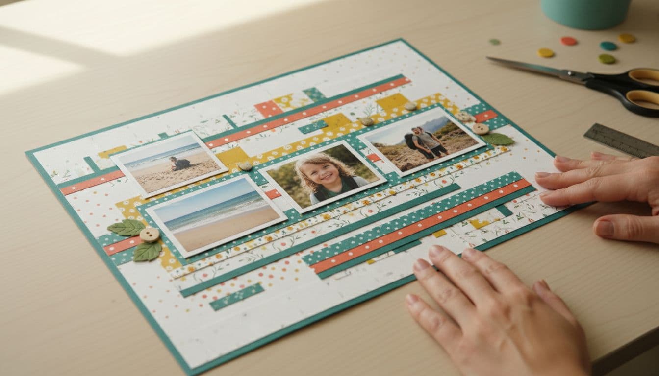 Close-up view of a 12x12 scrapbooking layout using strips, blocks, and photo mats from colorful patterned paper, featuring photos, embellishments, one person's hands on the table edge, tools nearby, soft natural lighting, high detail.