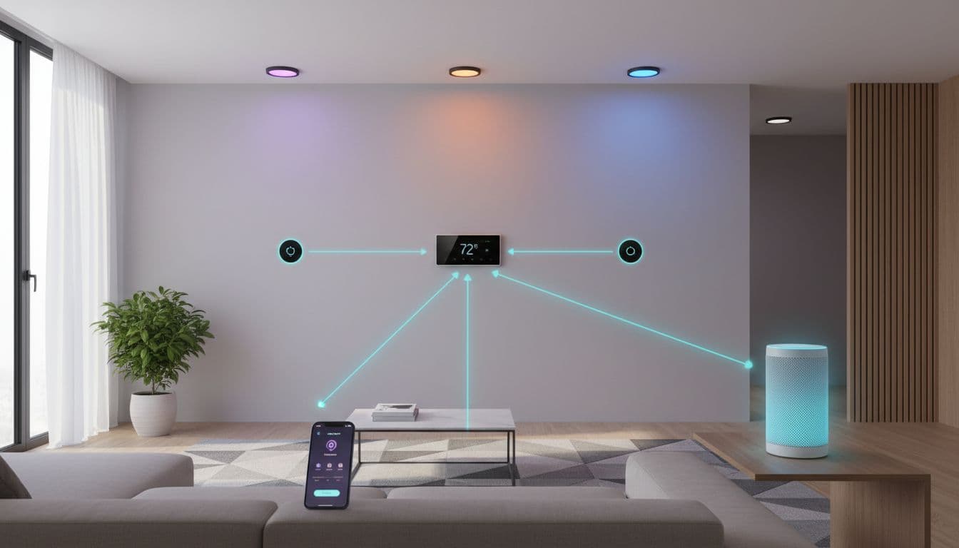 Modern living room setup showcasing interconnected smart home devices: smart speaker on side table, colorful ceiling lights, wall-mounted thermostat, and smartphone displaying app, connected via subtle glowing lines under natural daylight.