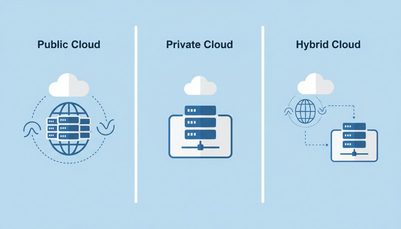 Simple infographic diagram with three side-by-side panels illustrating public cloud (shared online servers), private cloud (dedicated on-site servers), and hybrid cloud (combining both), featuring clean icons on a light blue background.