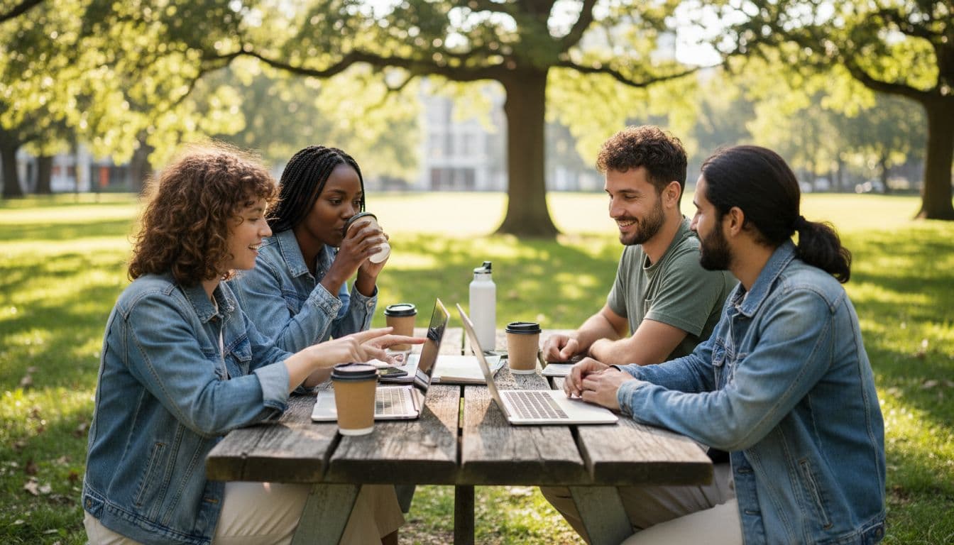 Four diverse young adults at an outdoor nomad meetup event in a sunny park, sitting around a picnic table with laptops, coffee cups, and a phone displaying a map, chatting casually in a relaxed atmosphere.