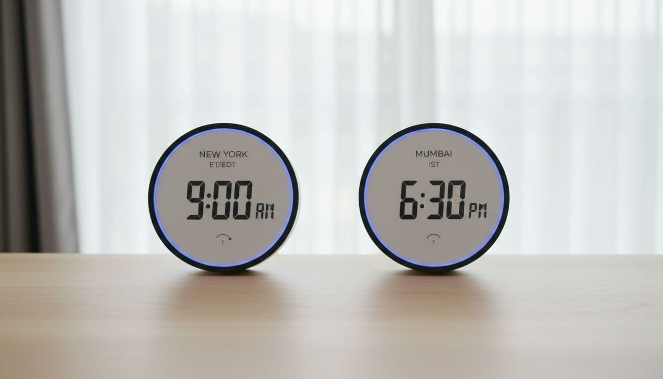 Two analog clocks on a simple desk background show New York at 9 AM ET/EDT and Mumbai at 6:30 PM IST, featuring a subtle DST indicator arrow in a clean, modern style with natural daylight.