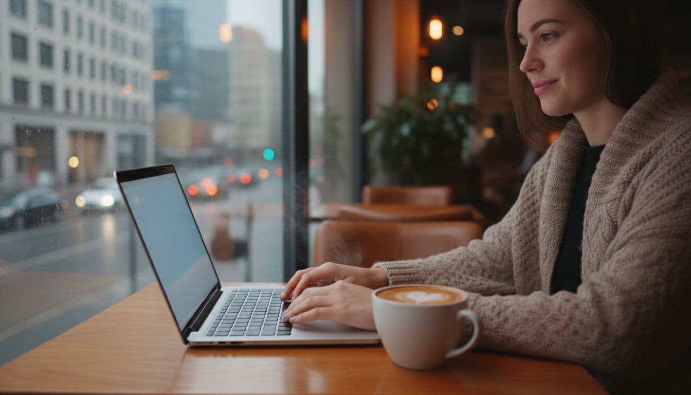 A focused person types on a laptop at a cozy cafe table with coffee nearby and a city street view through the window, under warm indoor lighting.