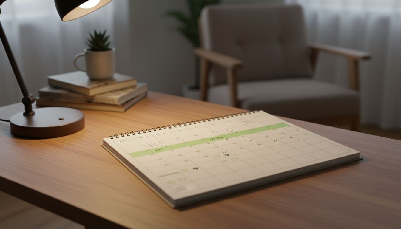Realistic photo of an open weekly planner calendar on a wooden desk in a cozy home office with warm lamp light, featuring green highlights on 8-10 PM Asia slots matching US mornings and subtle meeting icons.