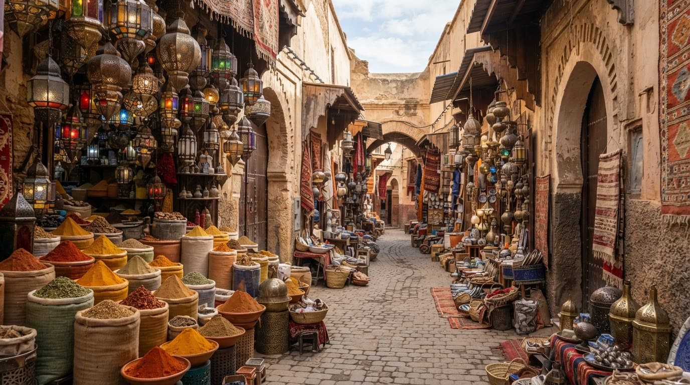 Sunlit Moroccan medina street with colorful spices and brass lanterns.