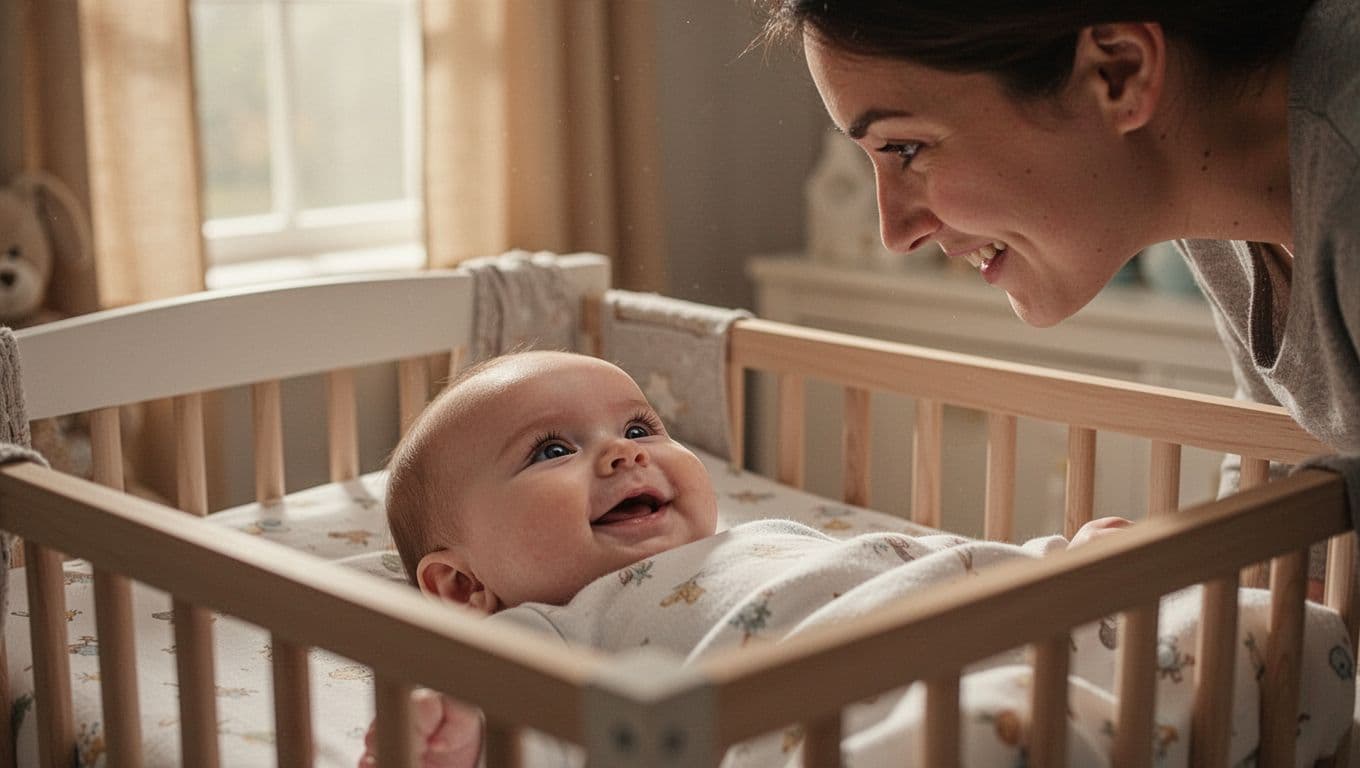 2-month-old baby in nursery crib smiles at parent's face leaning over, eyes locked.