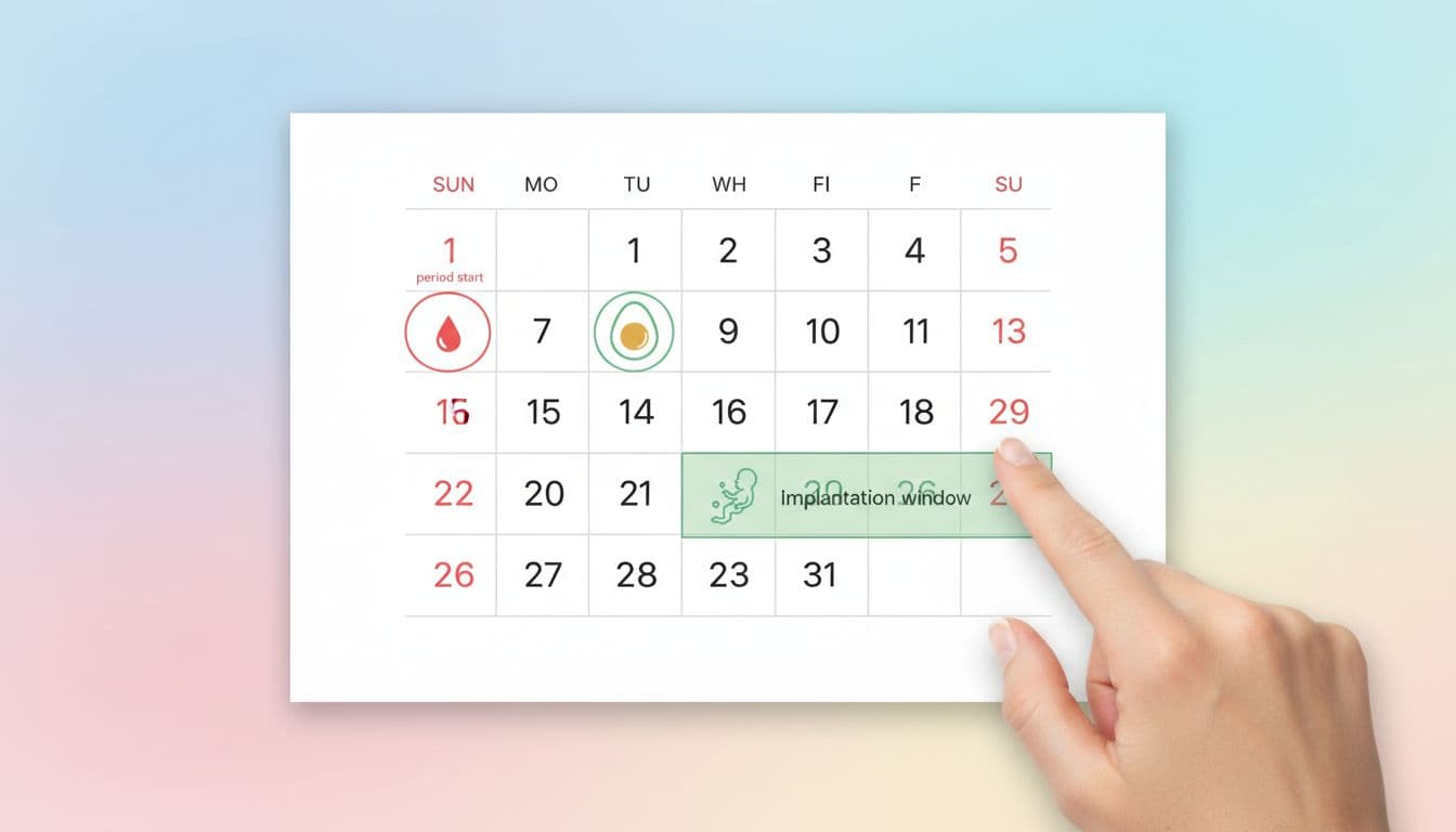 Monthly calendar page for a 28-day cycle with day 1 marked as period start, day 14 ovulation with egg icon, and days 20-26 implantation window with embryo icon. Pastel background, woman's hand pointing to dates, clean flat design, bright daylight, one person only, no text labels except dates, no watermarks.