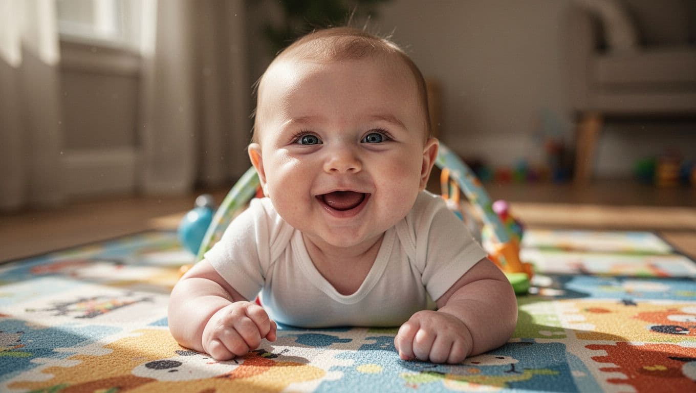 3-month-old baby lies on colorful play mat smiling happily with mouth open while cooing.