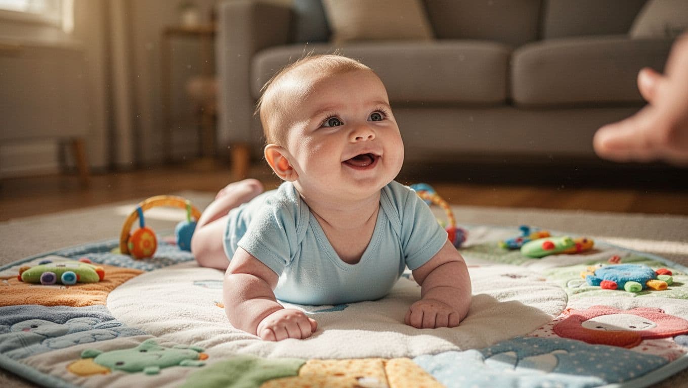 Happy 3-month-old baby on tummy lifting head higher, turning toward parent's voice, pushing up on forearms with control, on cozy play mat in living room with warm lighting.