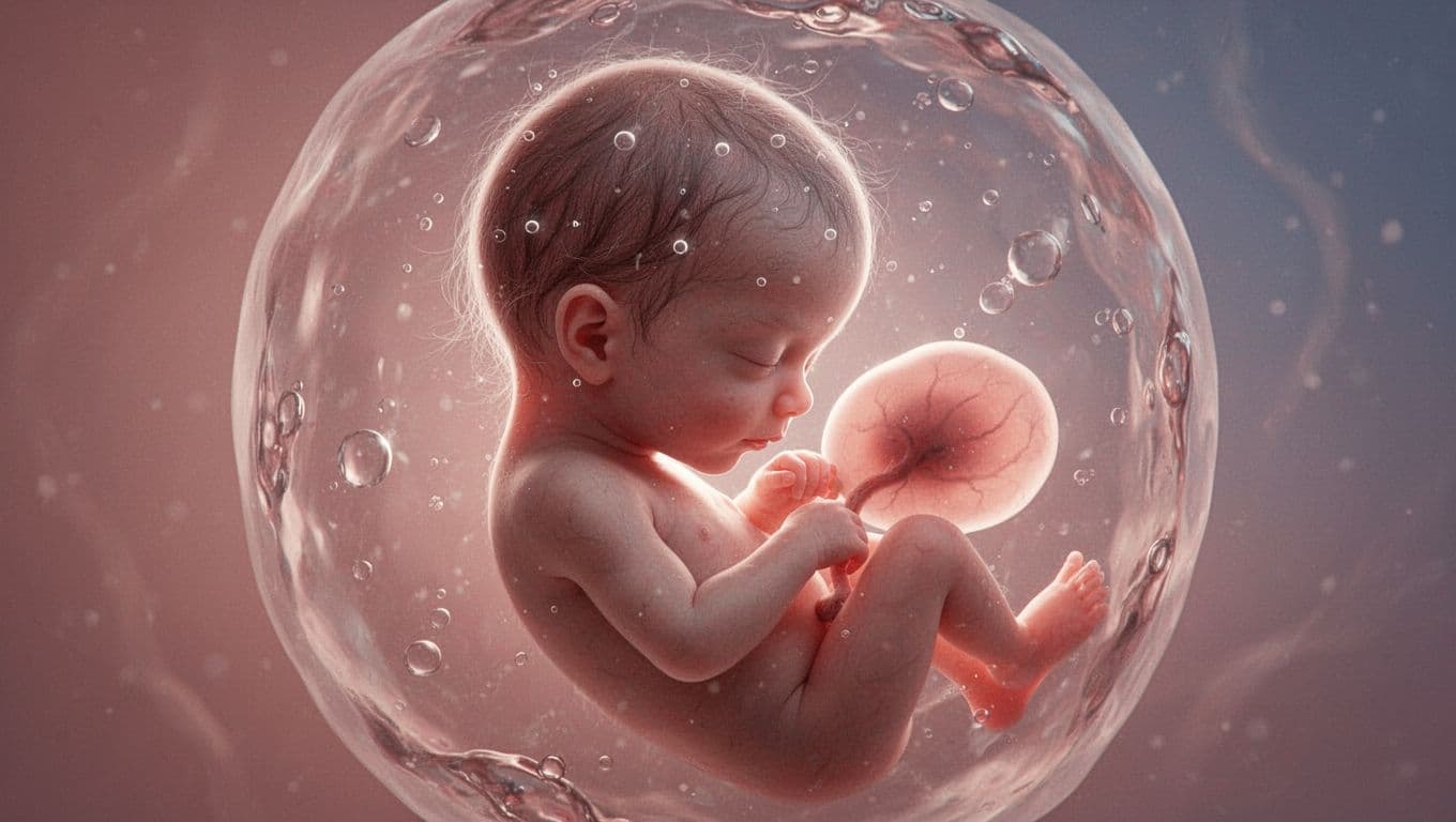 Side profile of 30-week fetus in translucent womb shows tiny scalp hair with glowing auras on follicles.