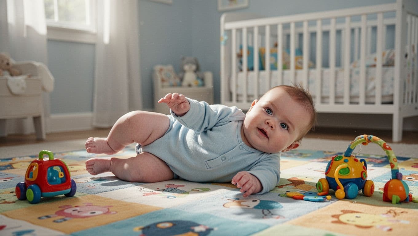 4-month-old baby rolls from tummy to back on colorful playmat, reaching hand toward nearby toy.