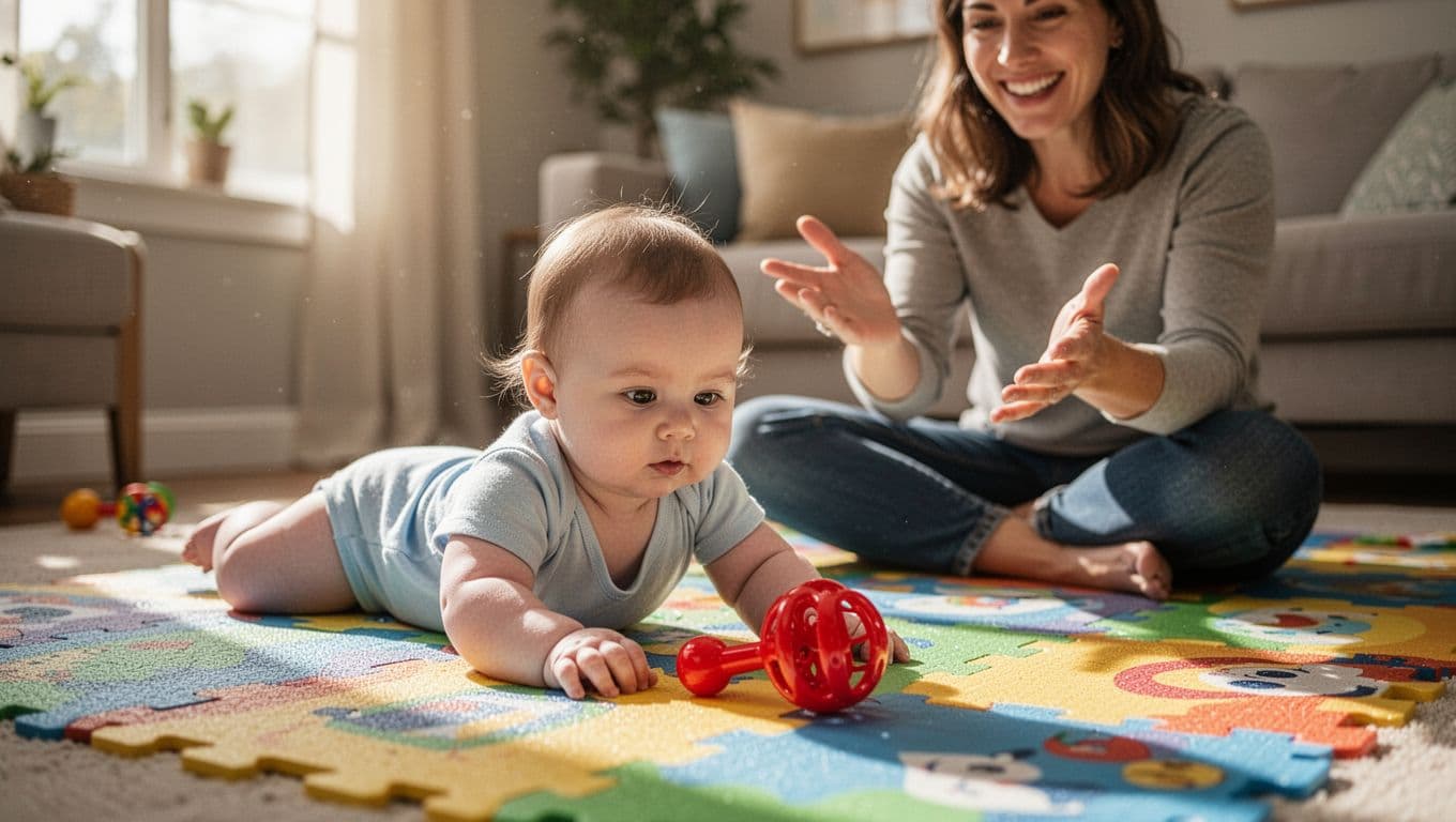 Realistic photo of a 4-month-old baby girl propping up on forearms during tummy time on a colorful play mat, reaching toward a bright red rattle just out of reach, with a smiling parent encouraging nearby in a sunny living room.