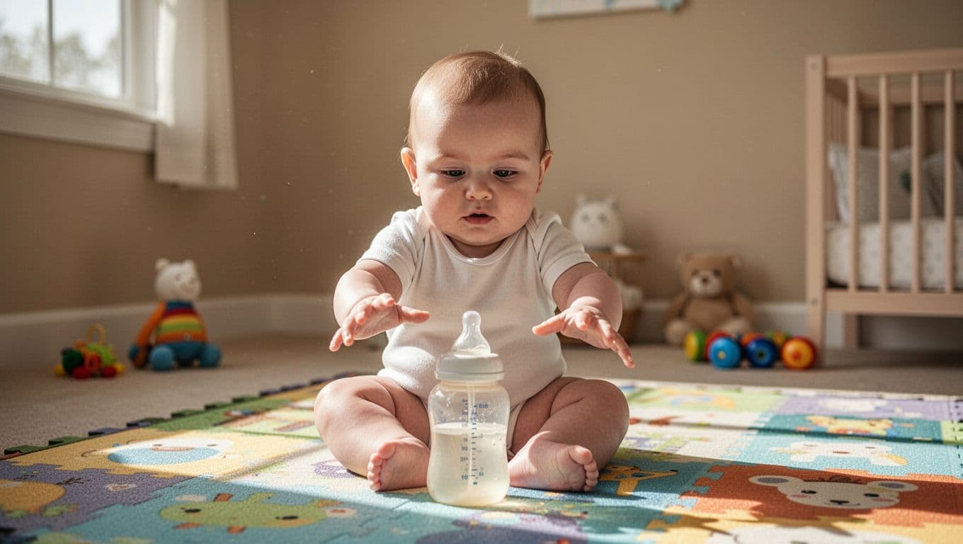 6-month-old baby propped on colorful playmat reaches forward with both hands toward nearby bottle in sunny nursery.