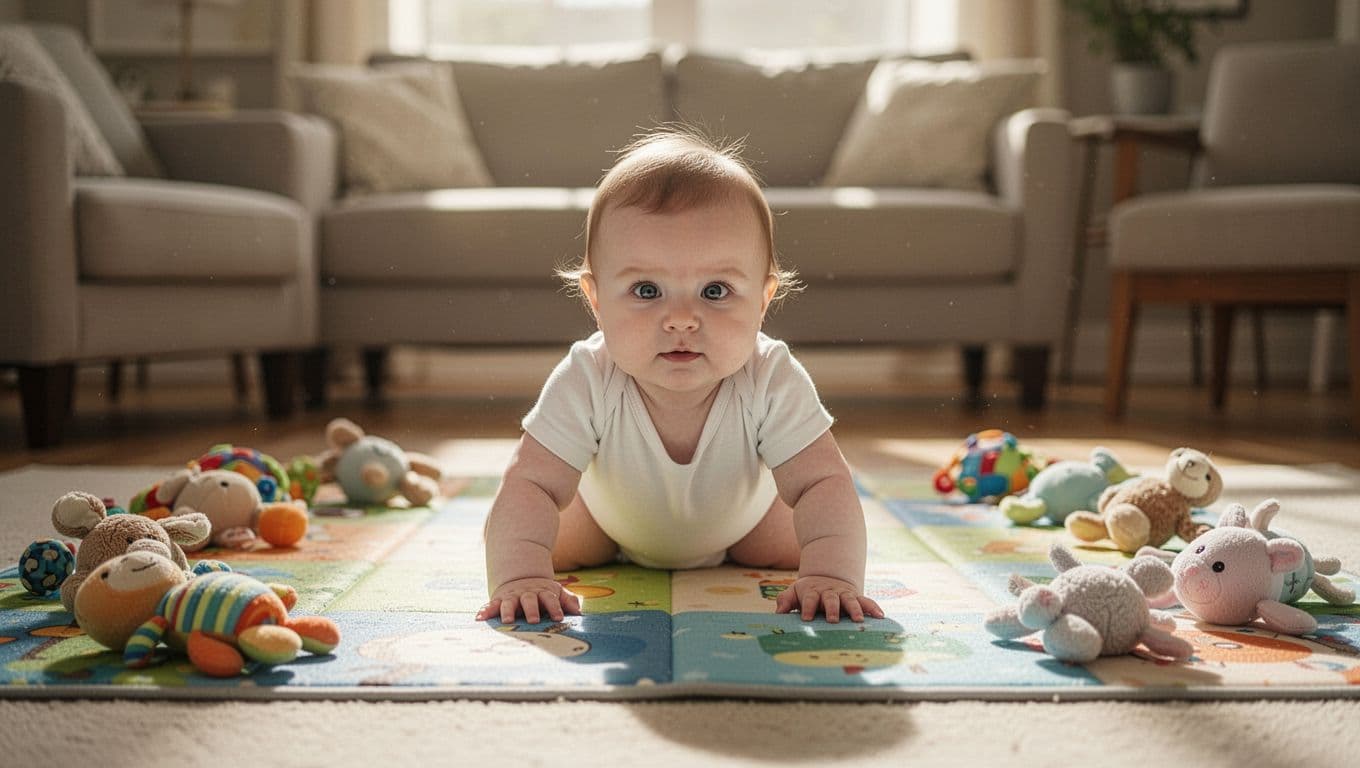 6-month-old baby girl propped on arms on colorful playmat, rolling from tummy to back nearby with scattered toys in sunny living room.