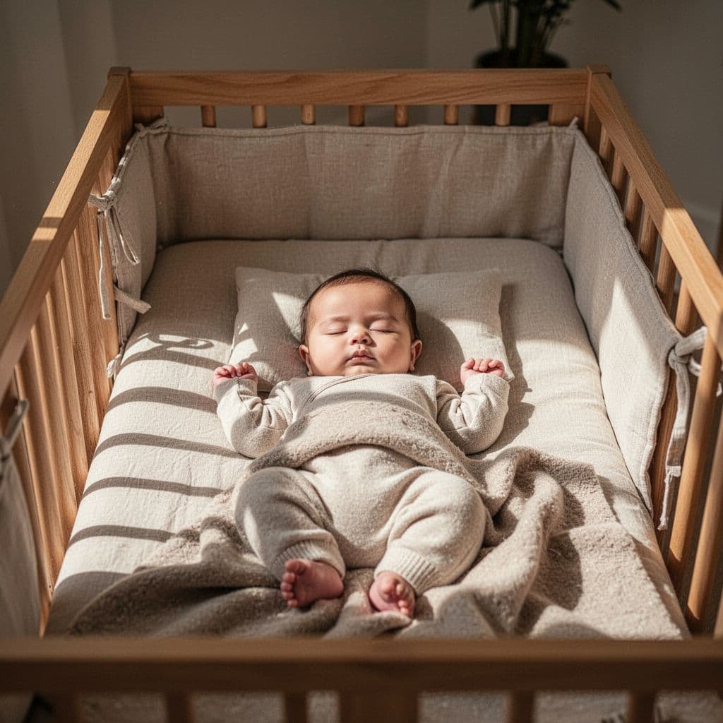 6-month-old baby sleeping in wooden crib with neutral bedding and soft natural light.