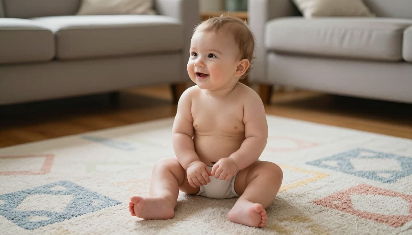 6-month-old baby sits on colorful rug in tripod position, hands forward for support, legs spread wide.