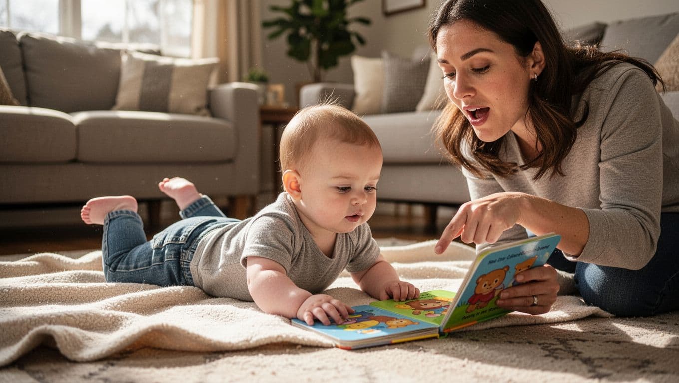 Realistic photo of a 7-month-old baby boy on tummy time on a soft blanket, pivoting to reach a colorful board book held by parent pointing to a picture while singing softly, encouraging rolling and engagement.
