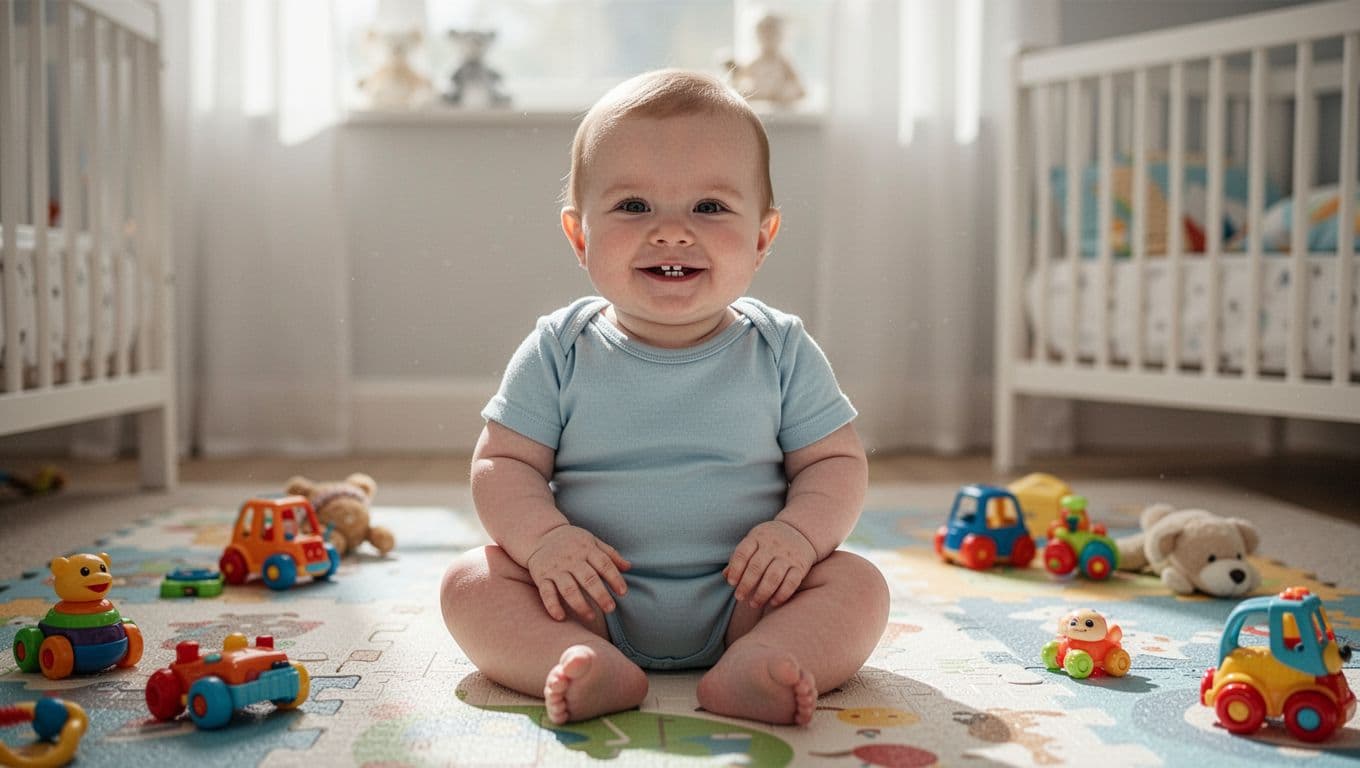 7-month-old baby boy sits smiling on play mat in nursery with two lower front teeth emerging and toys scattered around.