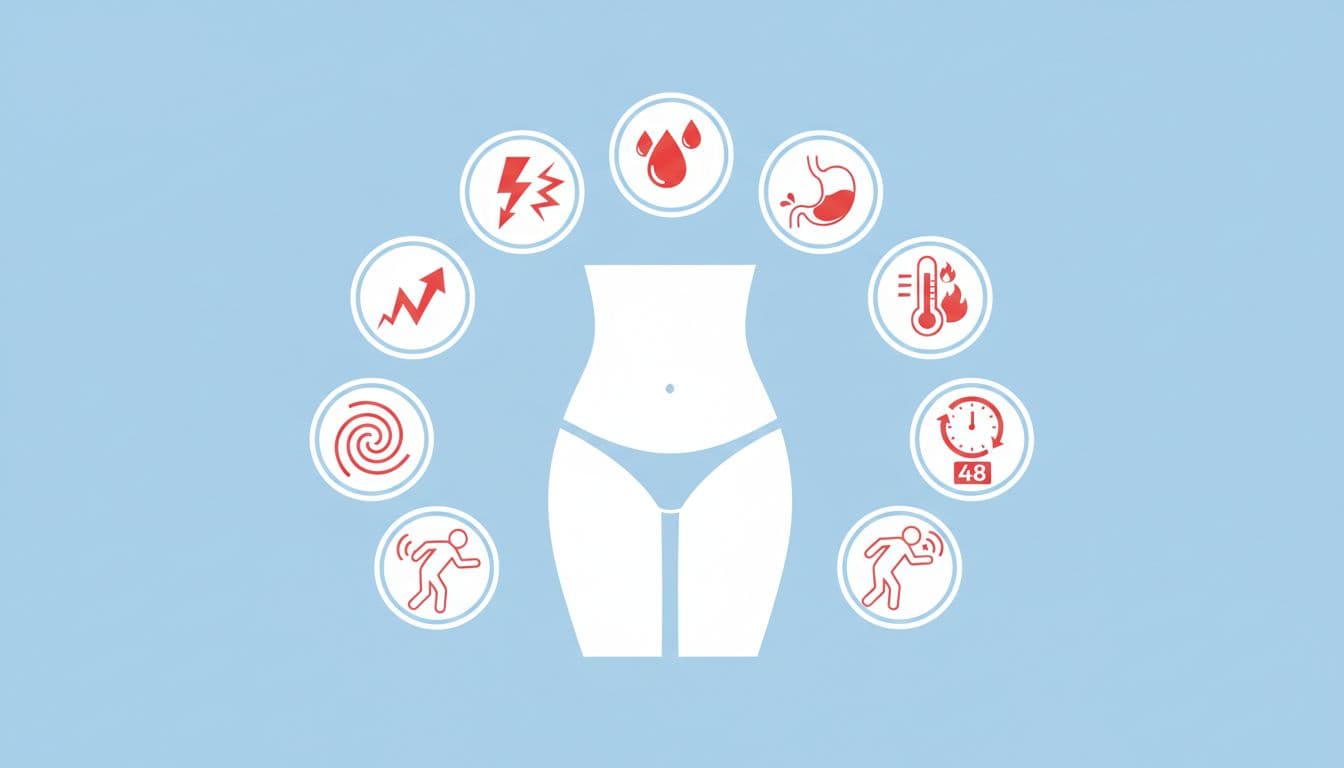 Medical infographic with 9 icons illustrating red flags for severe abdominal pain in women, including severe pain, heavy bleeding, fever, vomiting, prolonged pain, dizziness, fainting, referred shoulder pain, and worsening symptoms, arranged around a lower abdomen silhouette. Clean flat vector design with red warning accents on light blue background, no text or faces.
