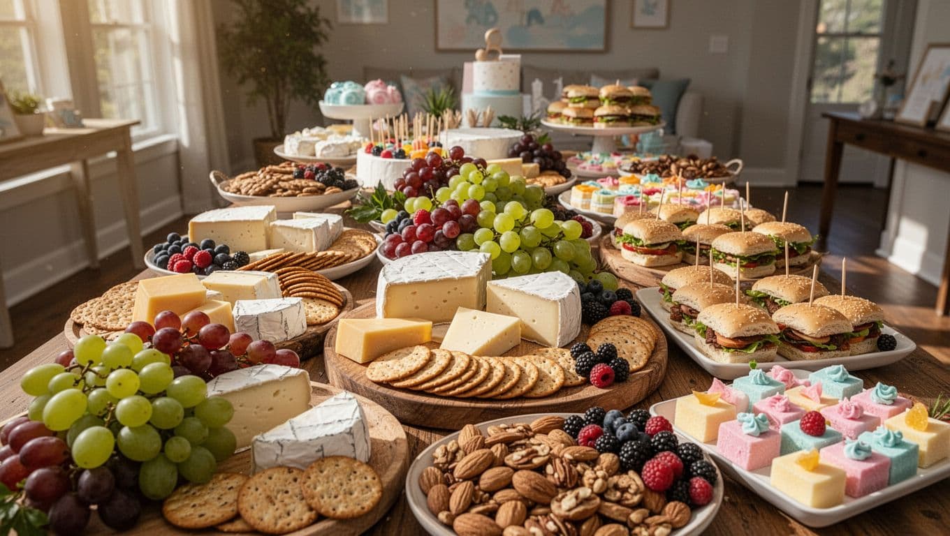 An abundant banquet table displays gourmet cheeses, fresh grapes, berries, nuts, and mini sandwiches arranged in artful clusters. Warm natural light fills the space, highlighting the rich textures of the spread.