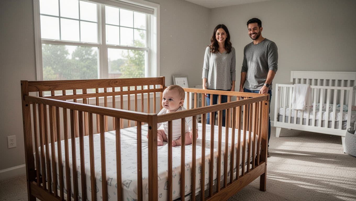 3-month-old baby sits up in wooden crib on firm mattress in spacious nursery, parents stand nearby smiling, natural daylight from window.