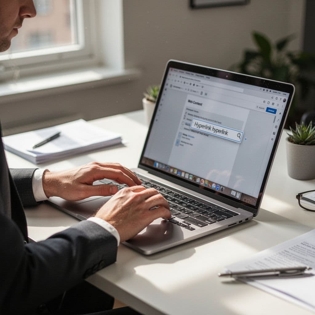 A professional desk setup showing hands typing on a laptop to insert a hyperlink.