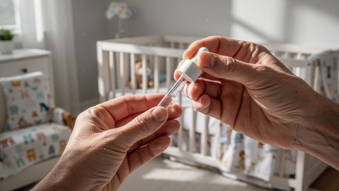 Close-up of gentle hands holding a small medical dropper near a clean nursery background. The soft lighting emphasizes a focused and careful moment of preparing liquid medicine for a young baby.