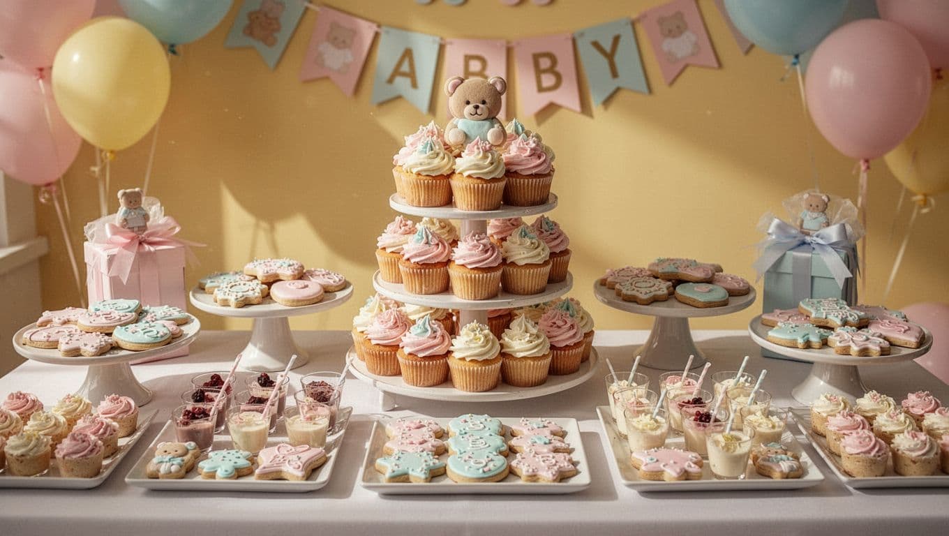 A festive table features a tall cupcake tower, frosted sugar cookies, and delicate dessert cups arranged on tiered pedestals. Soft pastel streamers and warm, dramatic lighting highlight the elegant treat spread.