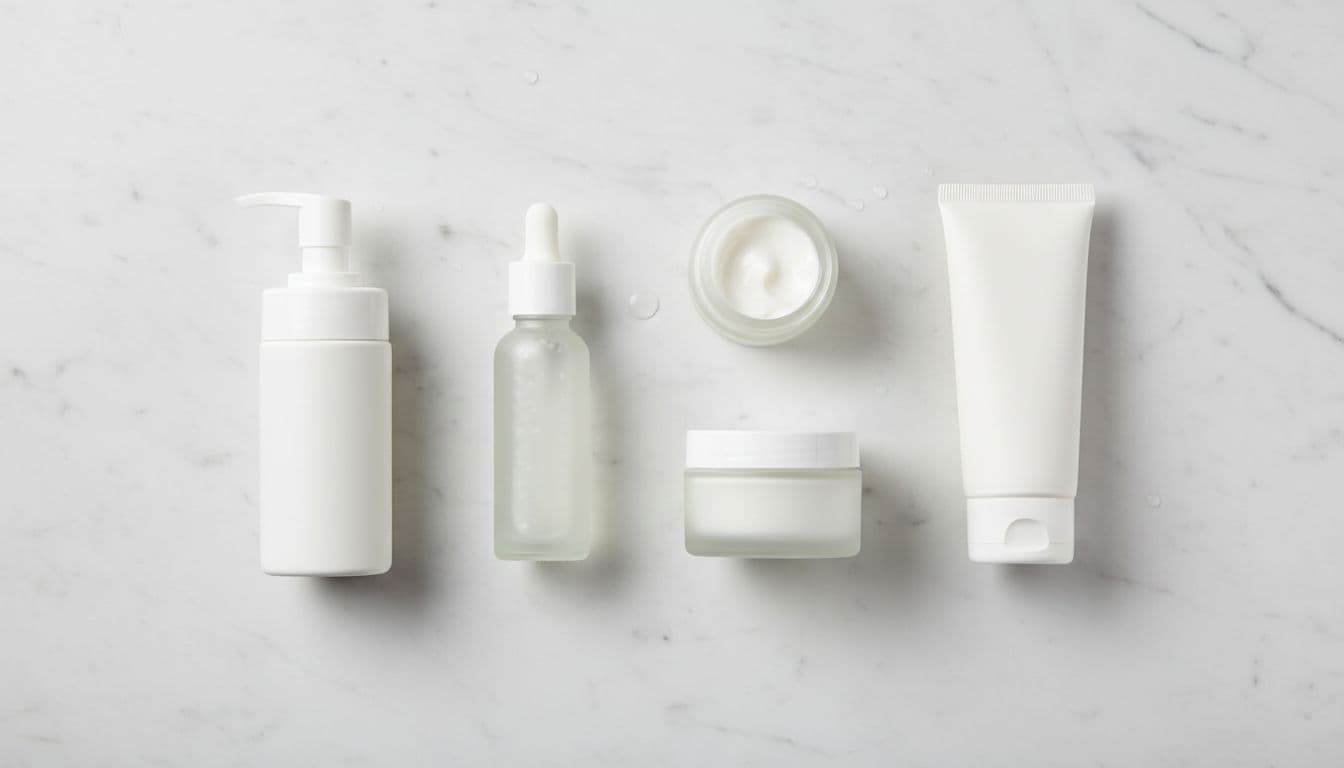 Selection of budget-friendly skincare bottles and jars including cleanser, serum, moisturizer, and sunscreen arranged neatly on a white marble surface in a clean modern style.