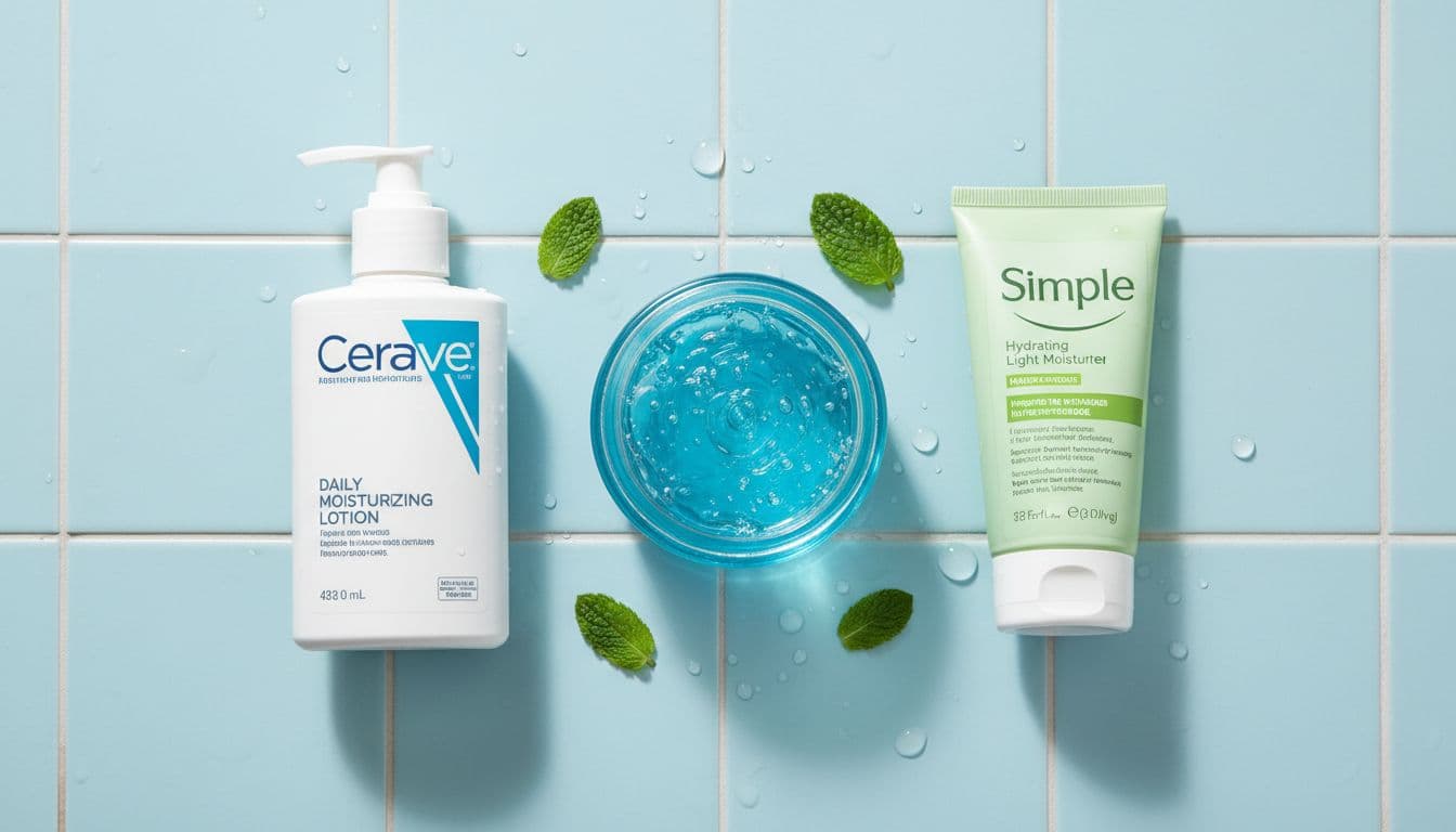 Close-up flatlay of Neutrogena Hydro Boost Water Gel, CeraVe Daily Moisturizing Lotion, and Simple Hydrating Light Moisturizer on a light pastel blue tiled bathroom counter with water droplets and green leaves.