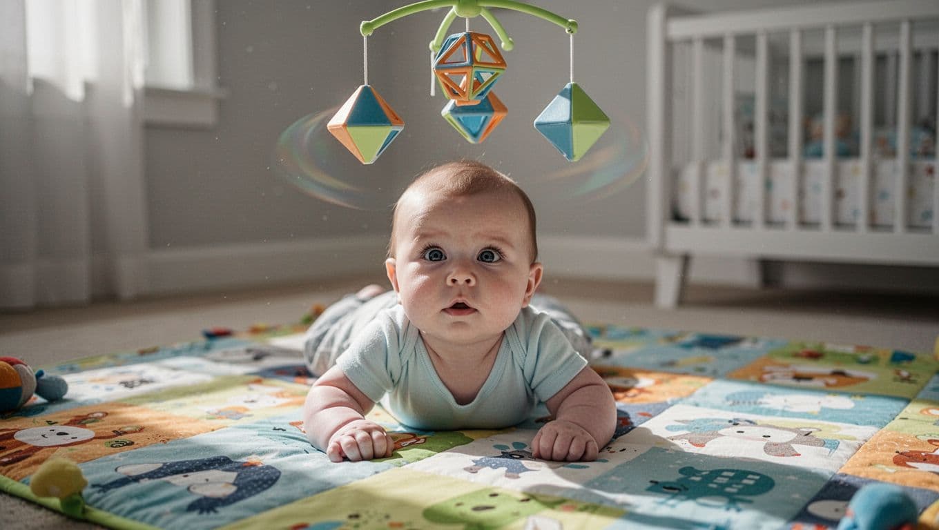 5-month-old baby on colorful play mat with wide eyes tracking geometric mobile above.