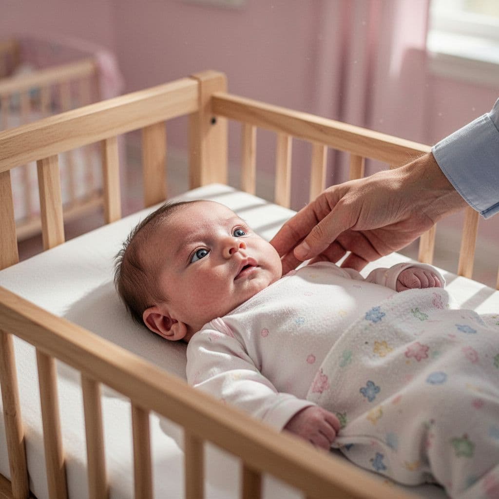 Newborn baby lies in crib with eyes open and alert near parent's hand.