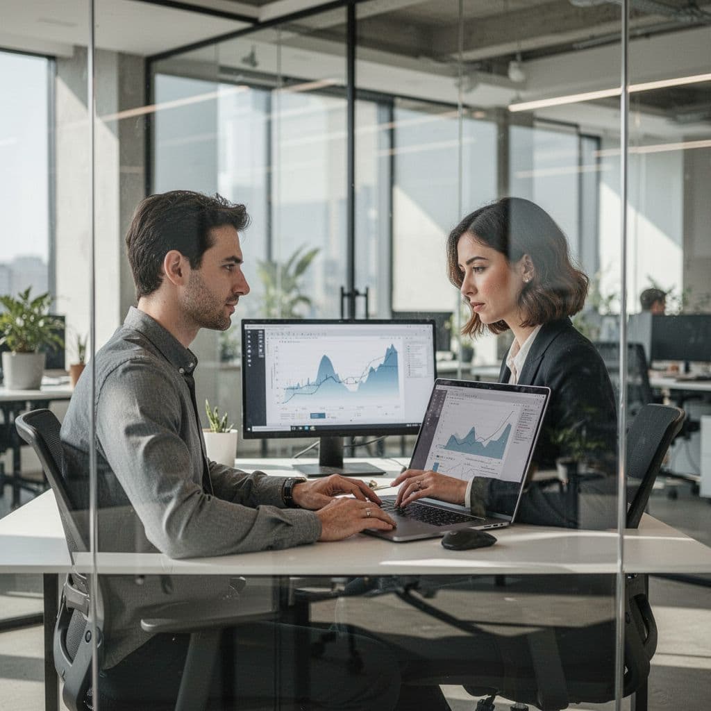 Person analyzes charts on computer screen in modern workspace with natural light.