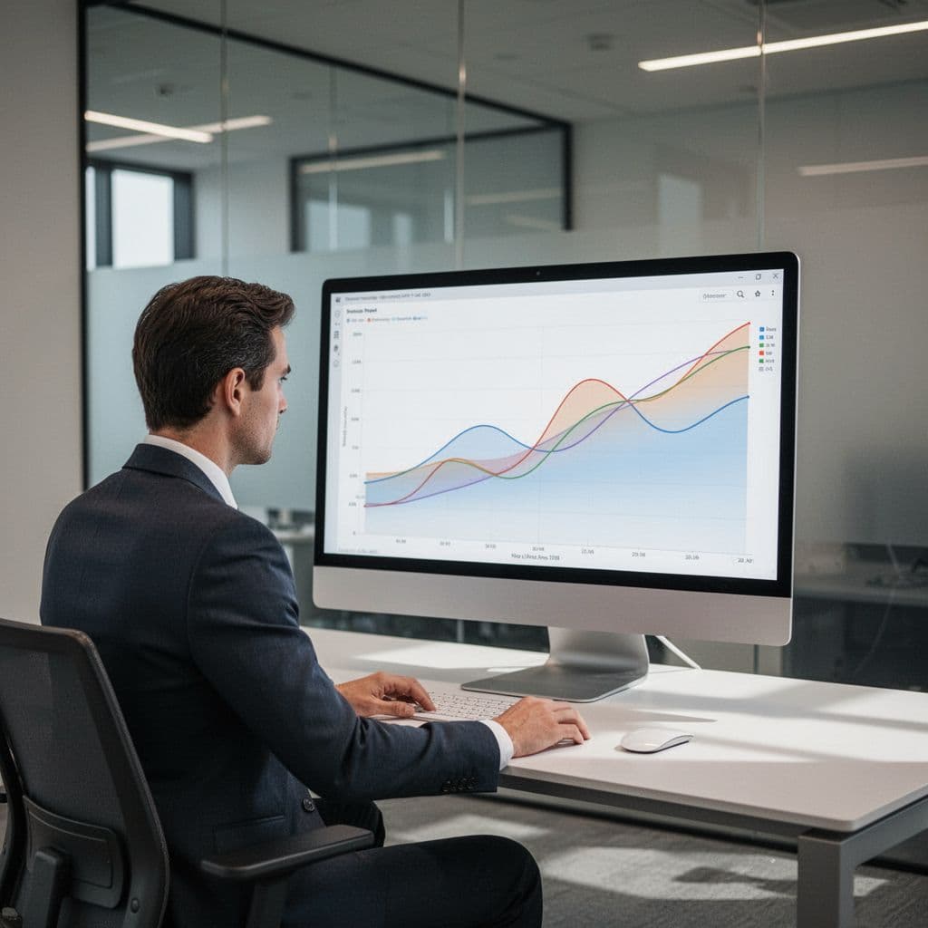 Professional analyst at desk views line graph with shifting trends on large monitor.