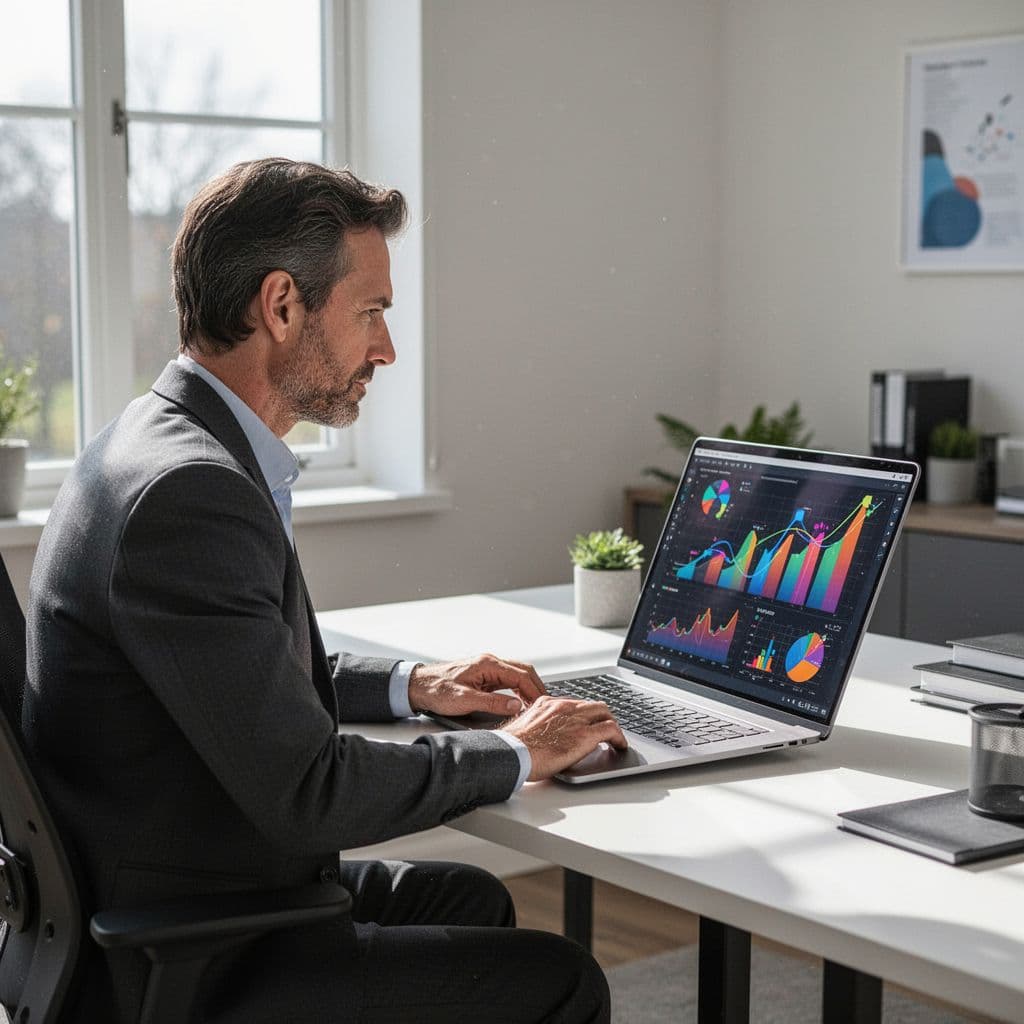 A person views abstract data charts and growth trends on a computer monitor in a home office.