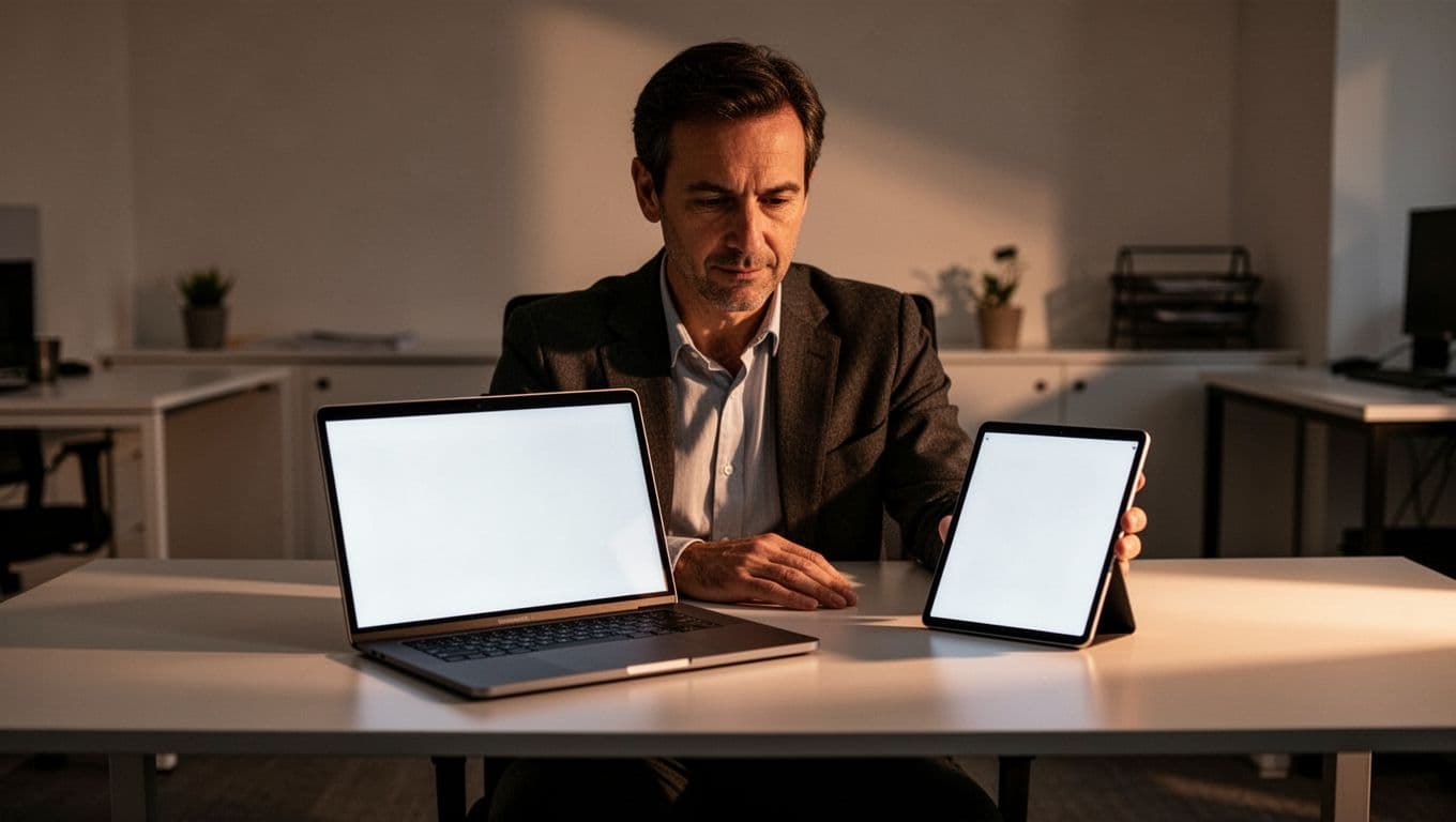A focused individual sits at a minimalist desk, reviewing data across a laptop and tablet. Warm cinematic light illuminates the workspace, highlighting a modern office interior with soft, professional background shadows.