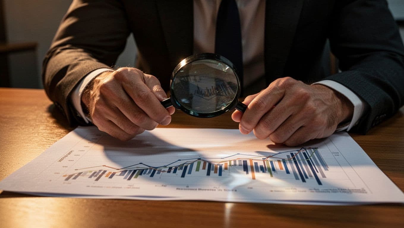 A focused person holds a large magnifying glass over a complex paper stock chart spread across a polished wooden desk. The scene features dramatic lighting that emphasizes the analytical financial investigation.