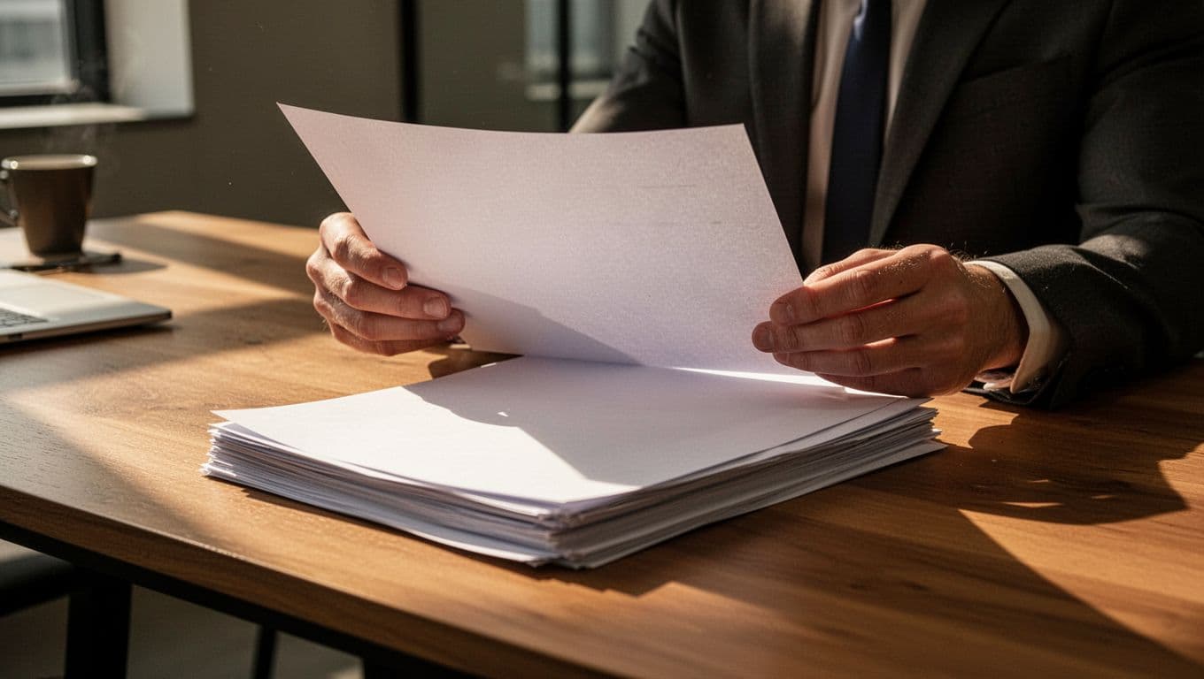 A focused professional studies detailed financial market indicators printed on blank white documents. The warm, dramatic lighting emphasizes the depth of the papers while casting soft shadows across the wooden desk surface.