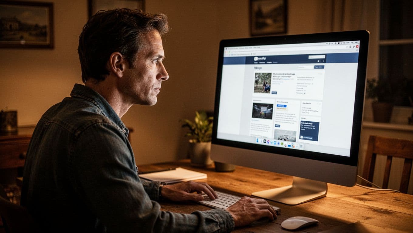 A focused individual sits at a dark desk, intently studying a glowing computer screen filled with rows of generic links. Warm light highlights their concentrated expression against a moody, shadowed background.