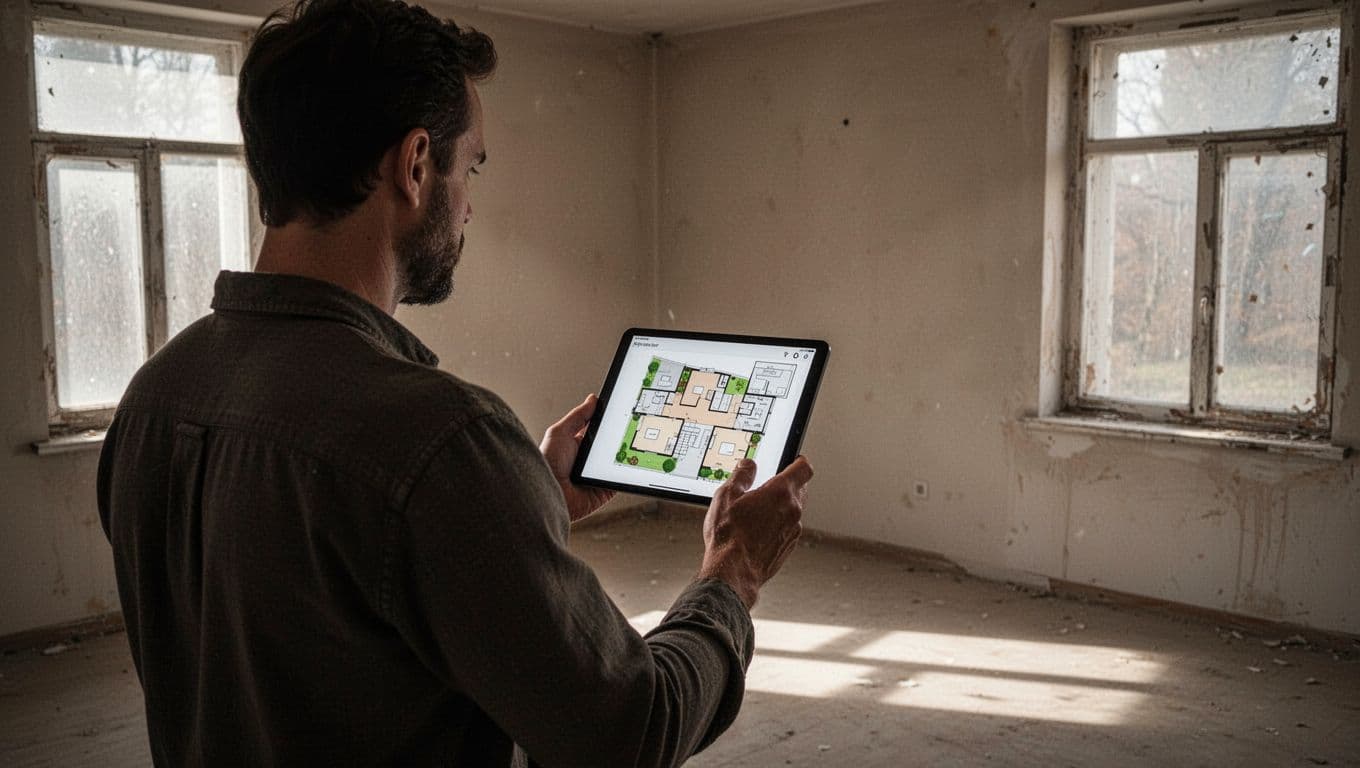 An investor holds a digital tablet displaying blueprints inside a desolate, sunlit room. Beams of light cut through floating dust particles, illuminating the device screen as the figure assesses structural details.