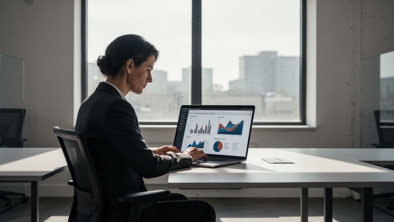 A focused professional examines detailed property data on a sleek laptop while seated at a clean minimalist desk. Soft natural daylight illuminates the workspace, highlighting the concentrated and productive office atmosphere.