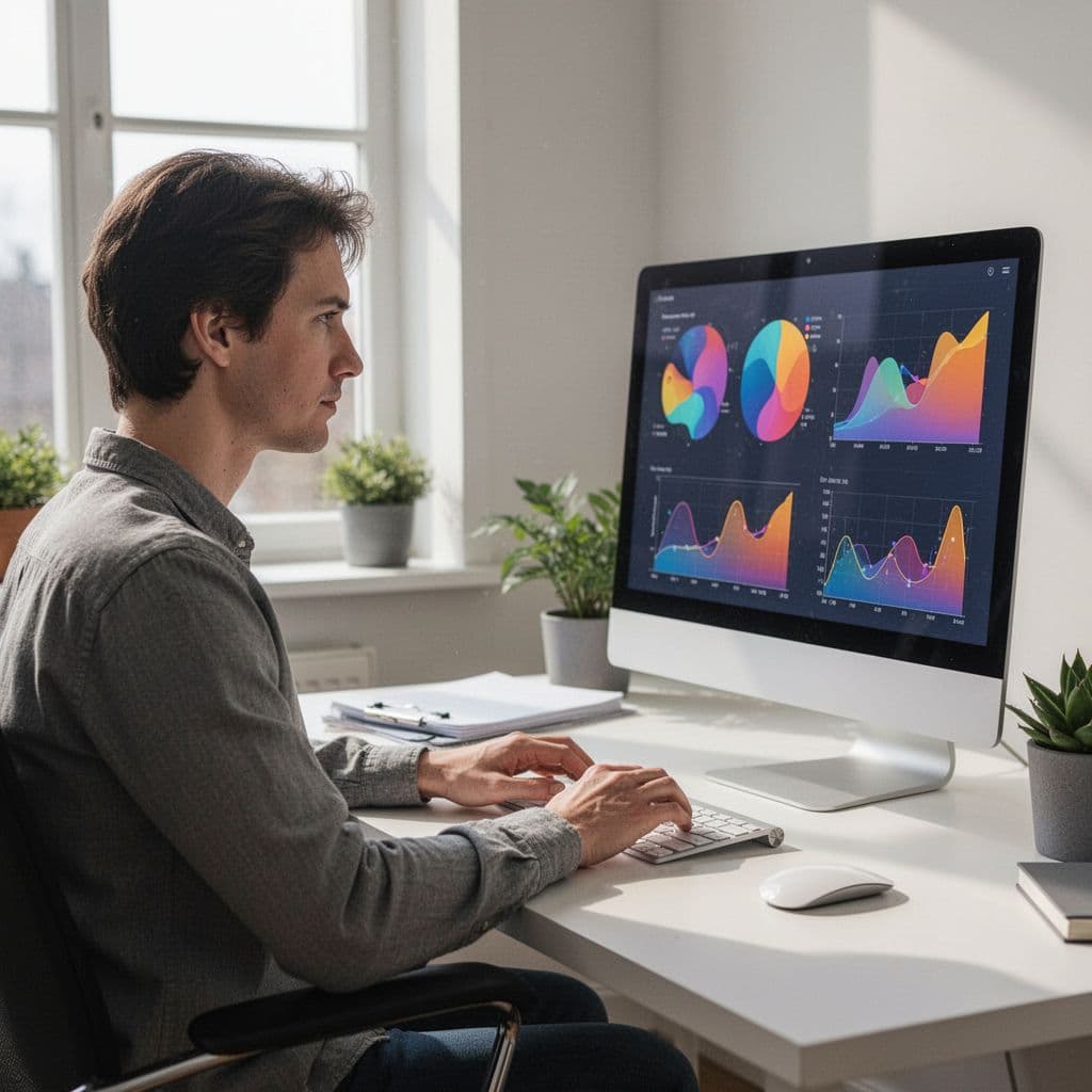 A person sits at a clean desk viewing digital charts and data analytics on a computer screen.