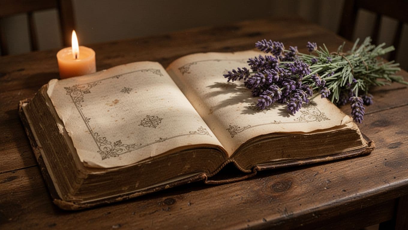 An open ancient book featuring Sanskrit text lies on a rustic wooden table beside a glowing candle. A sprig of fresh lavender adds a natural touch under soft, golden cinematic lighting.