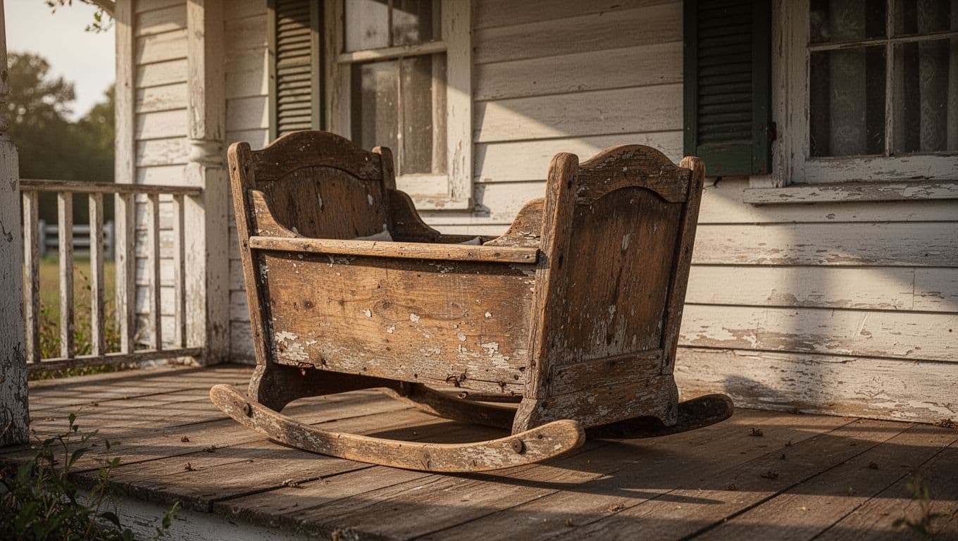 A weathered wooden cradle rests on a rustic farmhouse porch during late afternoon. Deep shadows and warm sunlight highlight the vintage craftsmanship and long history of this heirloom furniture piece.