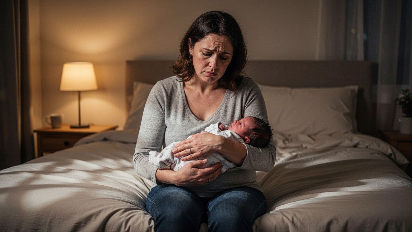 A concerned new mother in her mid-30s sits on the edge of a bed in a softly lit cozy bedroom at night, cradling her newborn baby with dark circles under her eyes and a worried expression showing anxiety and exhaustion.