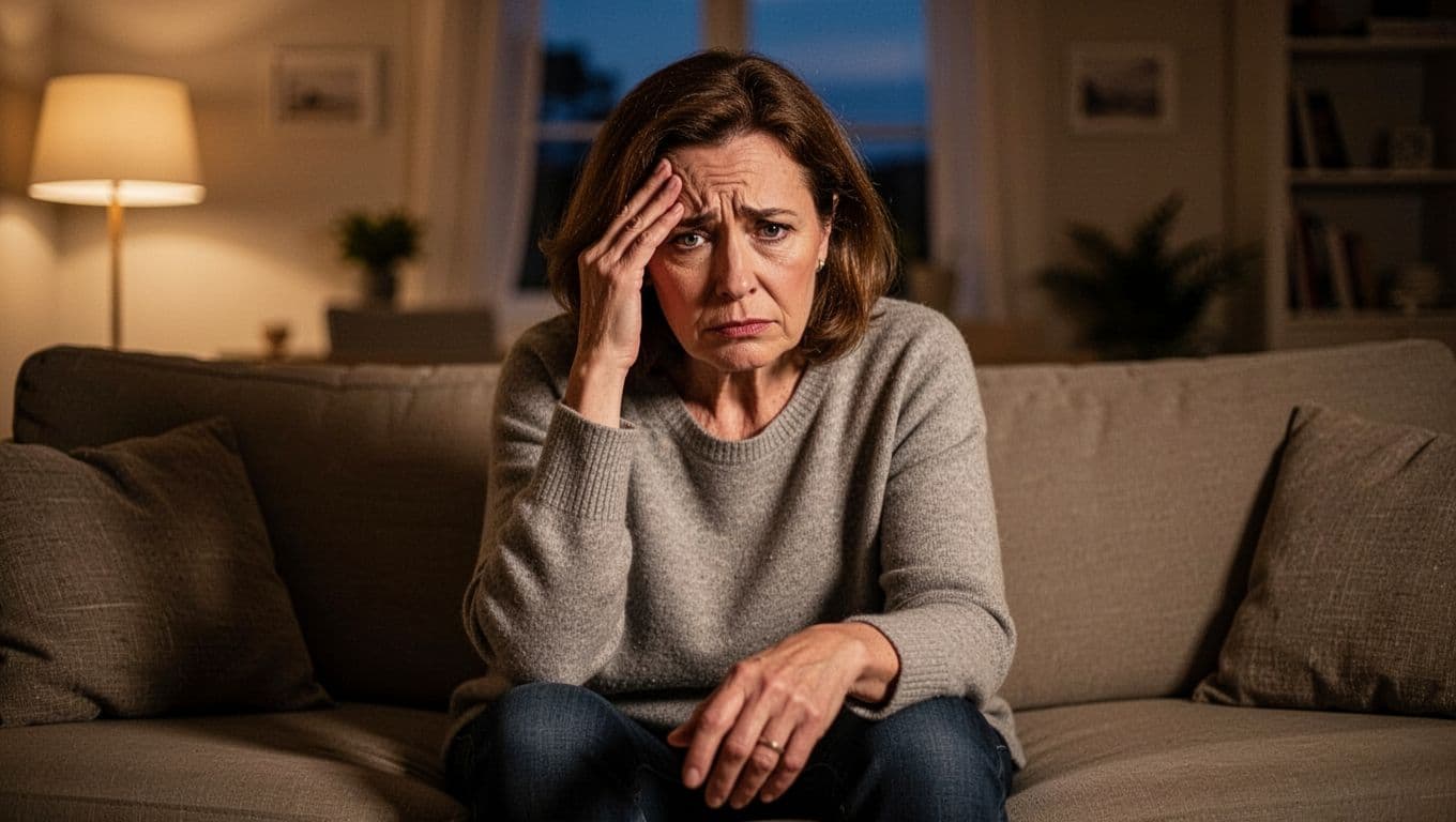 Middle-aged woman sits on couch in softly lit evening living room, hand on forehead, tired eyes.